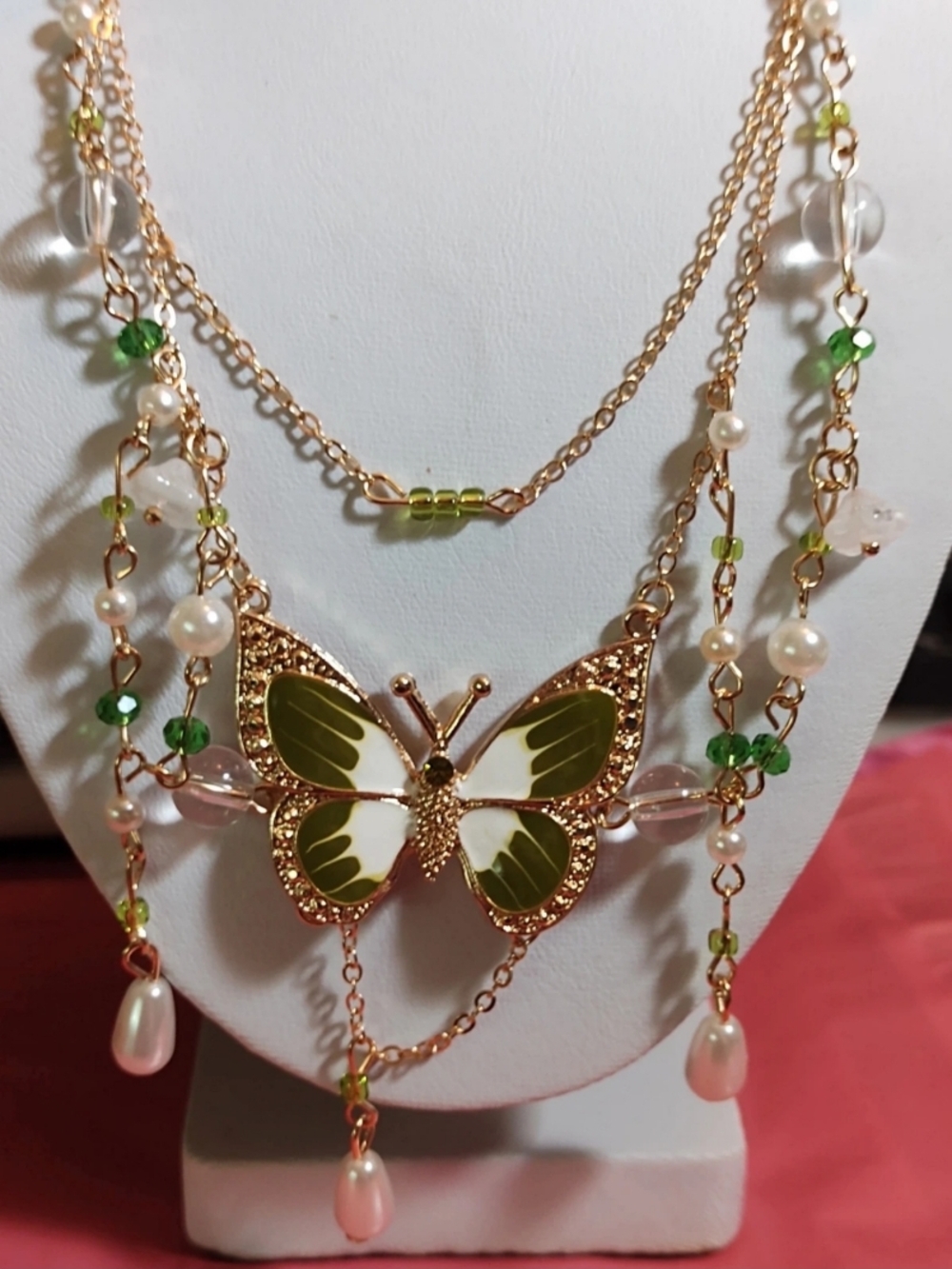 Gold-Tone Green Butterfly Multi-Strand Pendant Necklace
